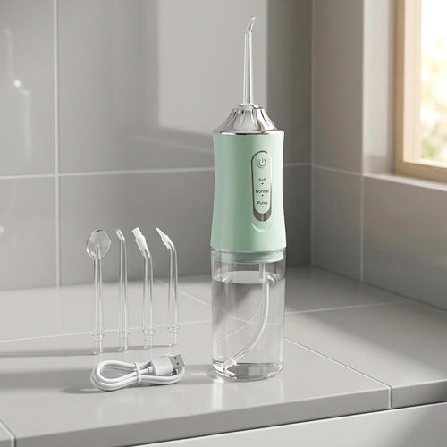 Mint Flossify cordless water flosser with 4 nozzles and USB cable
