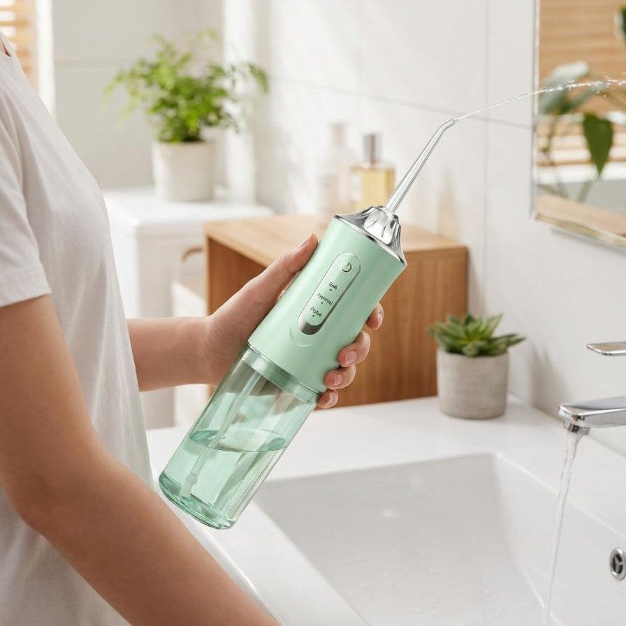 Mint Flossify water flosser in use over a bathroom sink